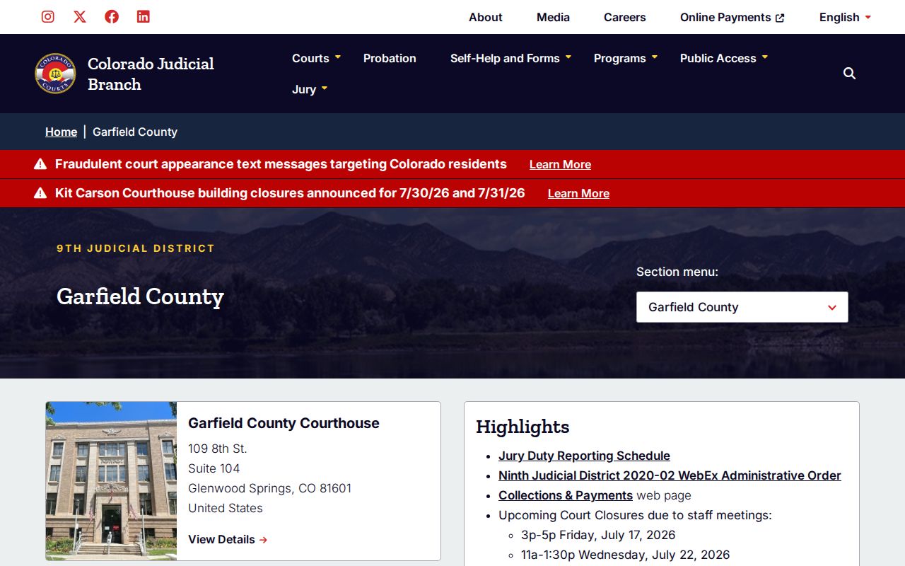 Garfield County court dockets Judicial Branch landing page