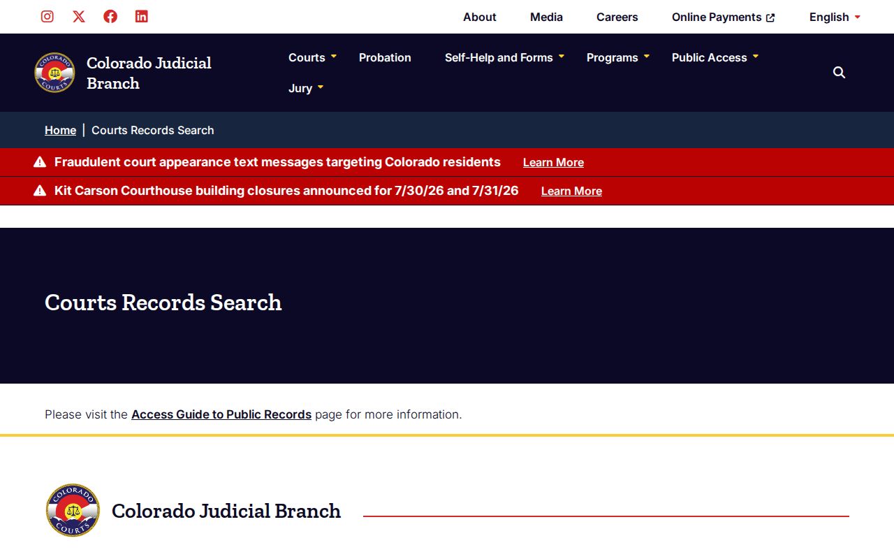 Garfield County court records search landing page from Colorado Judicial Branch