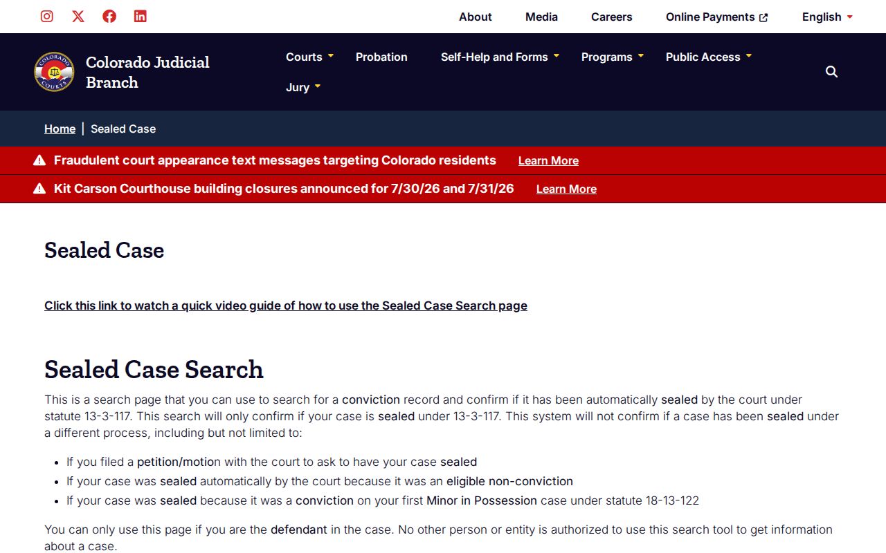 Garfield County criminal court records sealed case search page