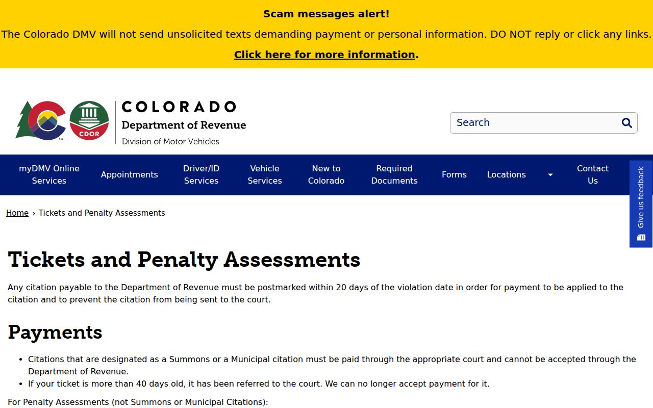Garfield County traffic court records Colorado DOR tickets and penalty assessments